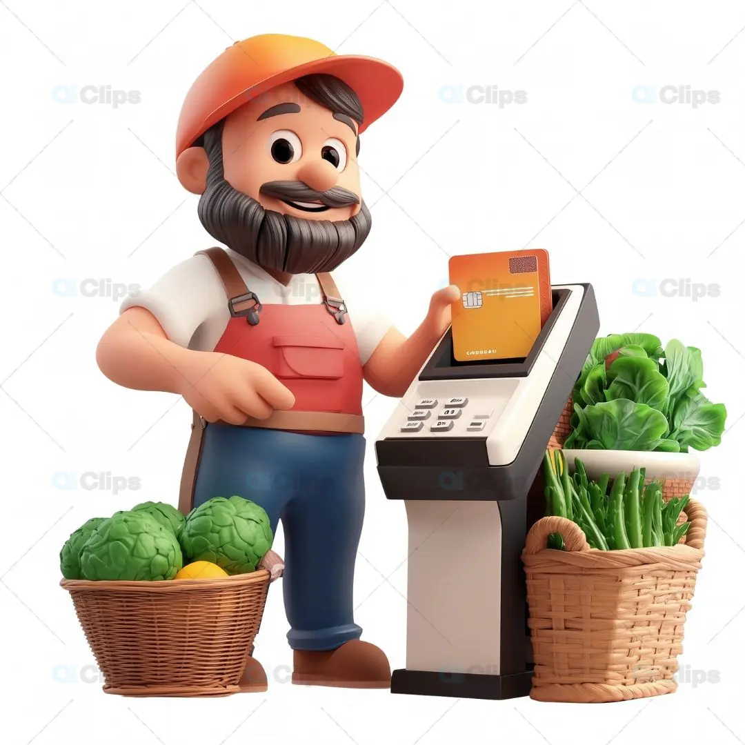 3D Farmer Making Card Payment with Vegetables