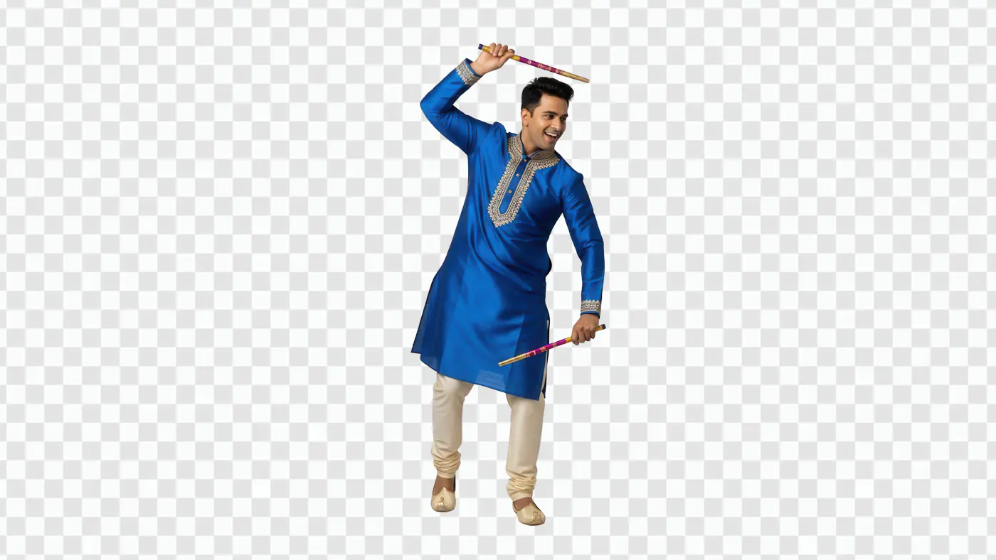 Man in Blue Kurta Dancing with Dandiya Sticks PNG
