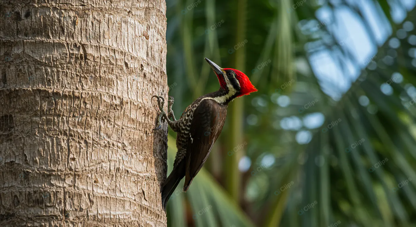Crimson-Crested Woodpecker on Palm Tree