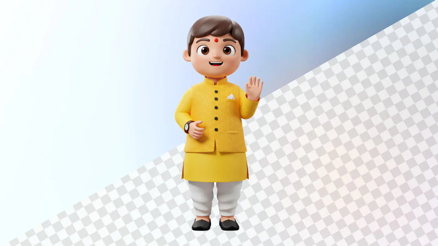 Friendly Indian boy 3D avatar yellow kurta waving