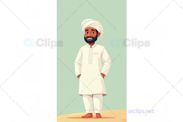 Cartoon Indian Man in Traditional White Kurta and Turban