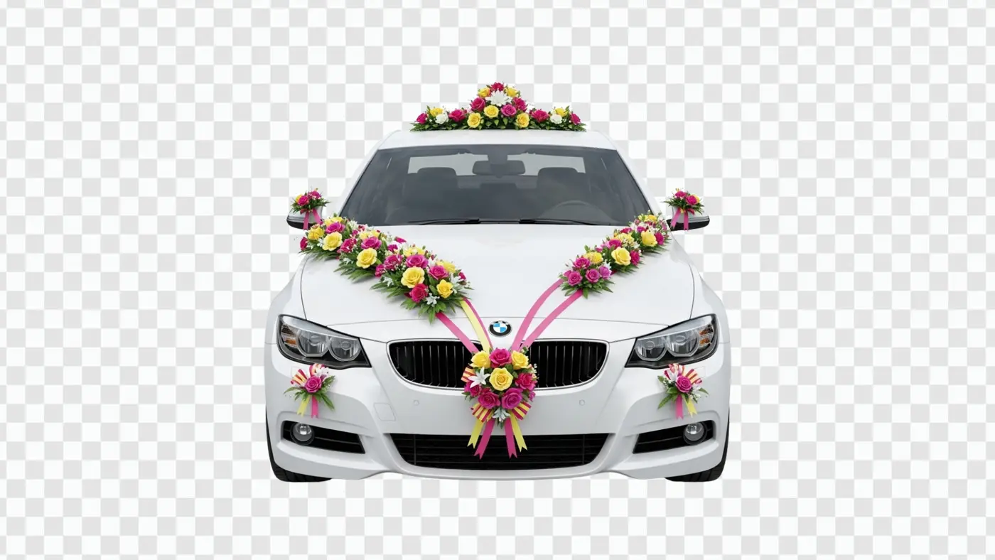 Floral Decorated White Luxury Car for Wedding PNG