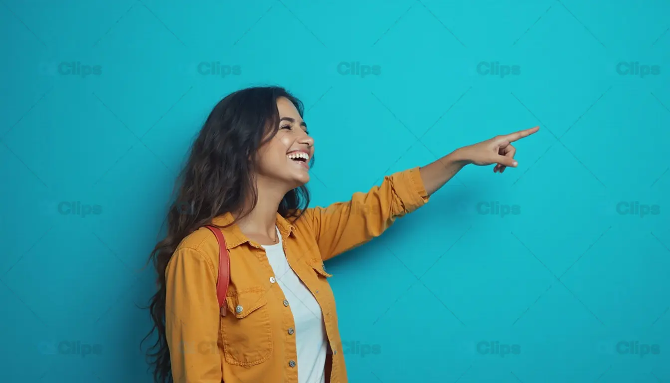 Smiling Woman Pointing Forward on Blue Background