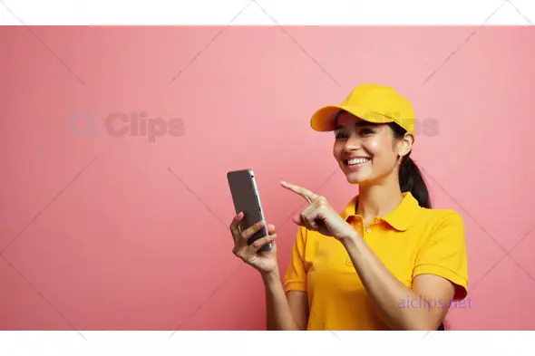 Smiling Delivery Woman Pointing at Smartphone