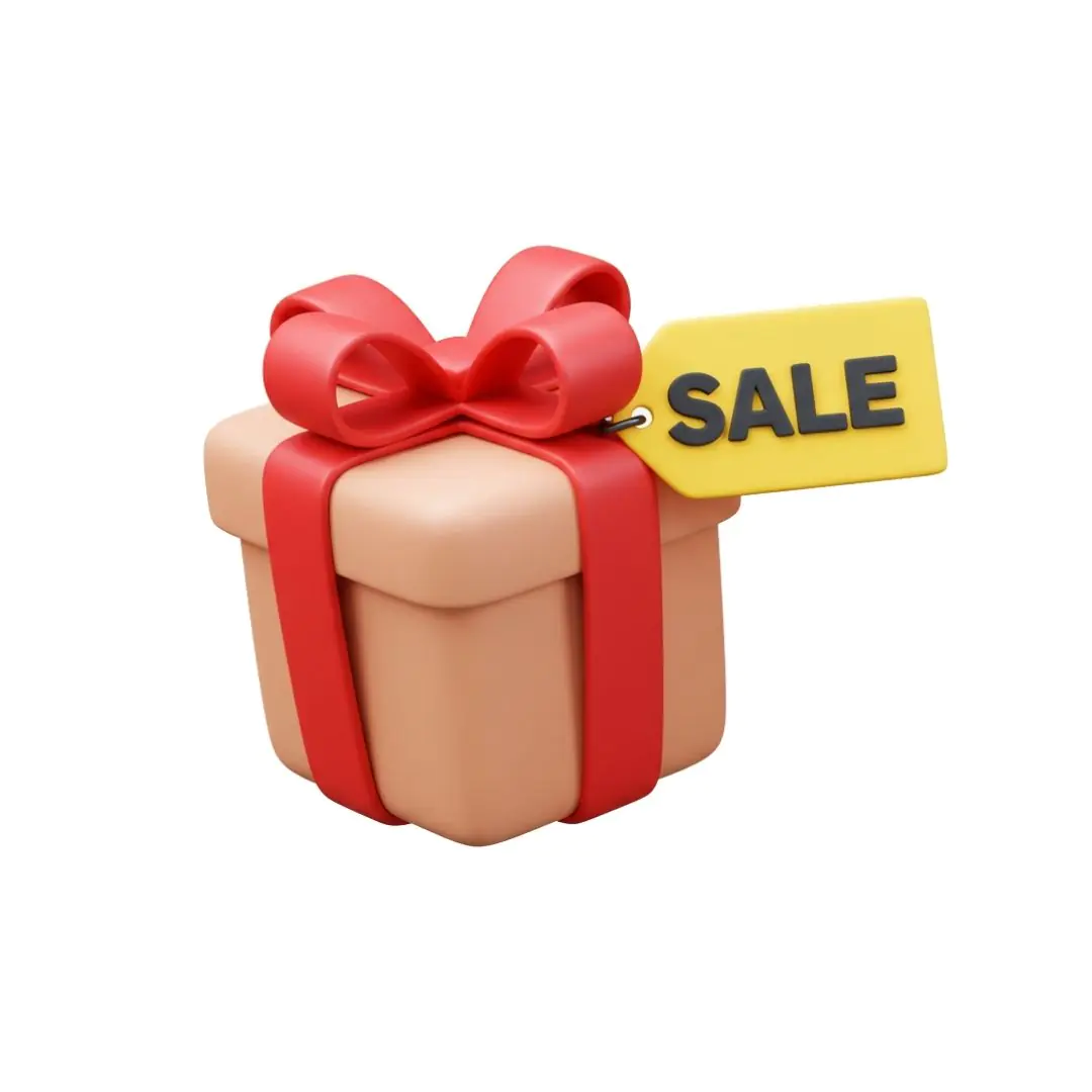Gift box with red ribbon and sale tag