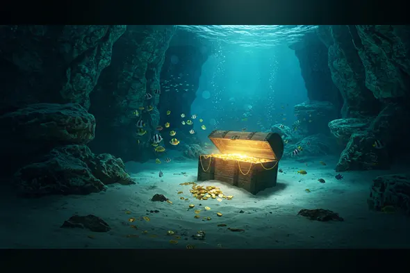Glowing Treasure Chest in Underwater Cave with Colorful Fish