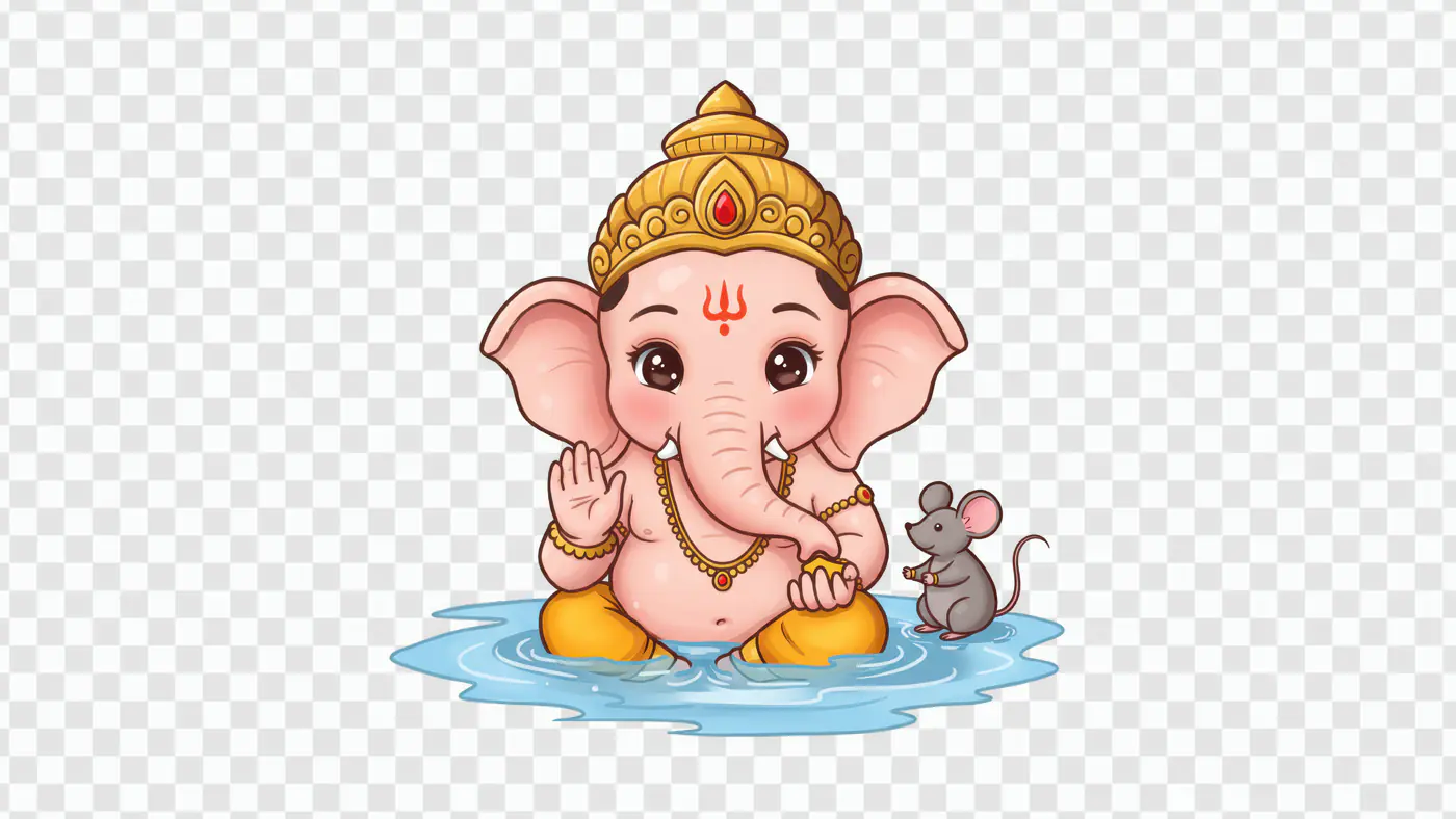 Cute Baby Ganesha Bathing with Mouse Friend PNG