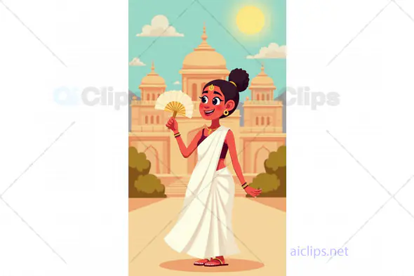 Cartoon Woman in Traditional White Saree with Fan