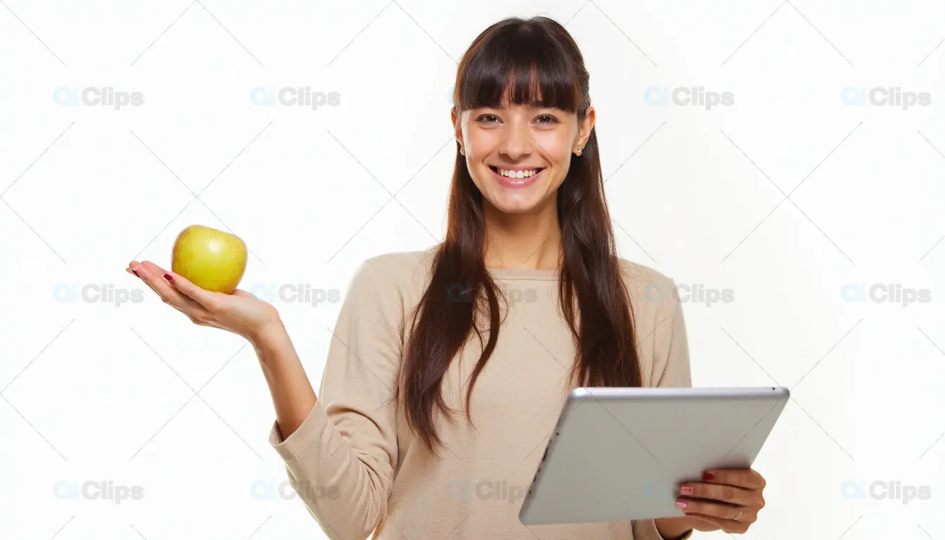 Woman Holding Apple and Tablet