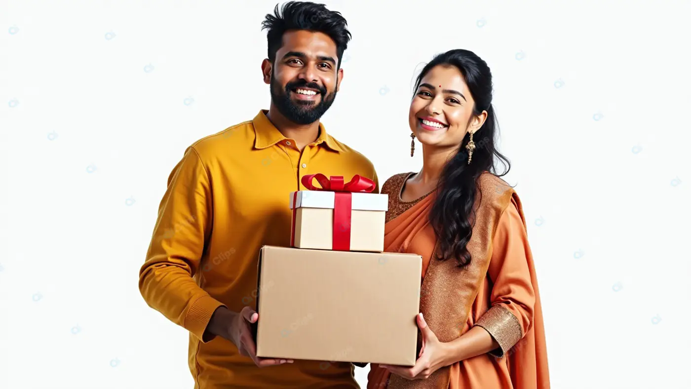 Cheerful Indian Couple with Gift Boxes