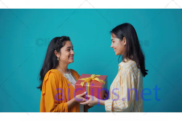 Two Friends Exchanging Gift with Smiles