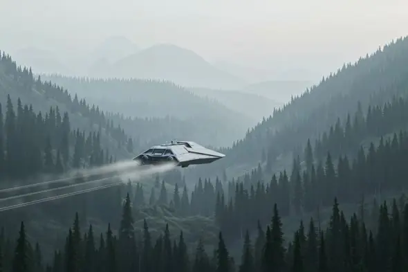Futuristic Hovercraft in Misty Mountain Valley