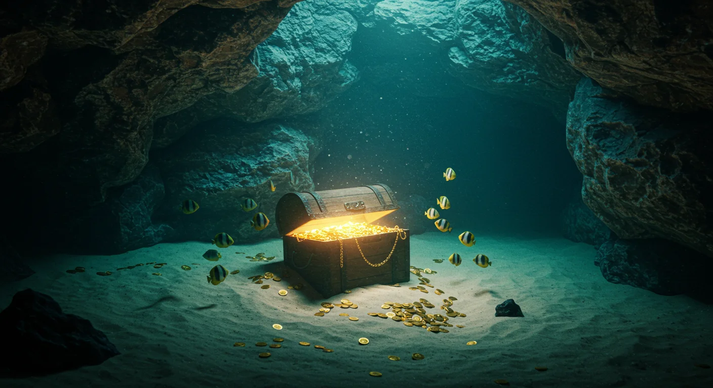Golden Treasure Chest in Underwater Rocky Cave with Fish