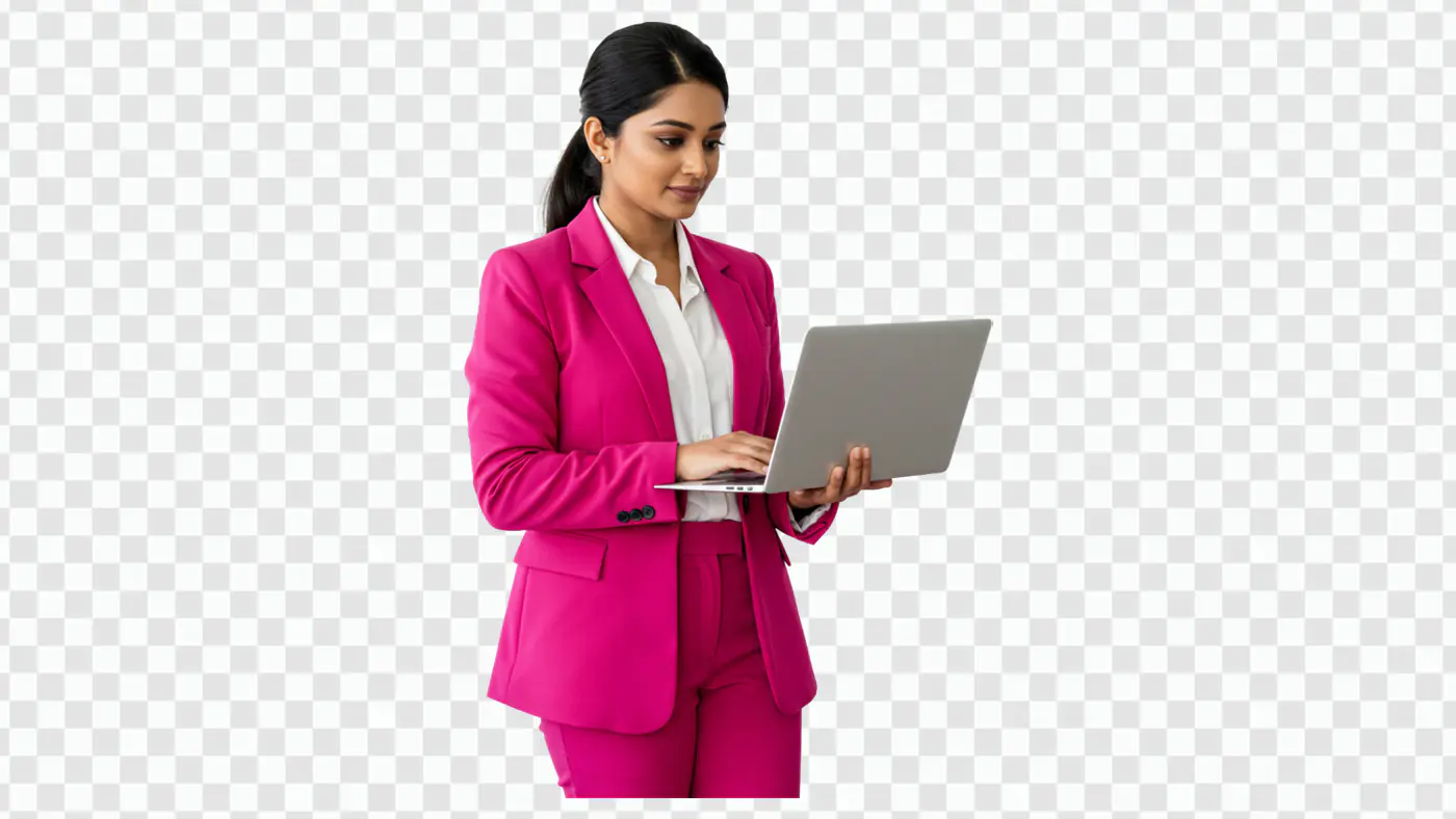 Confident Businesswoman in Pink Suit Using Laptop PNG