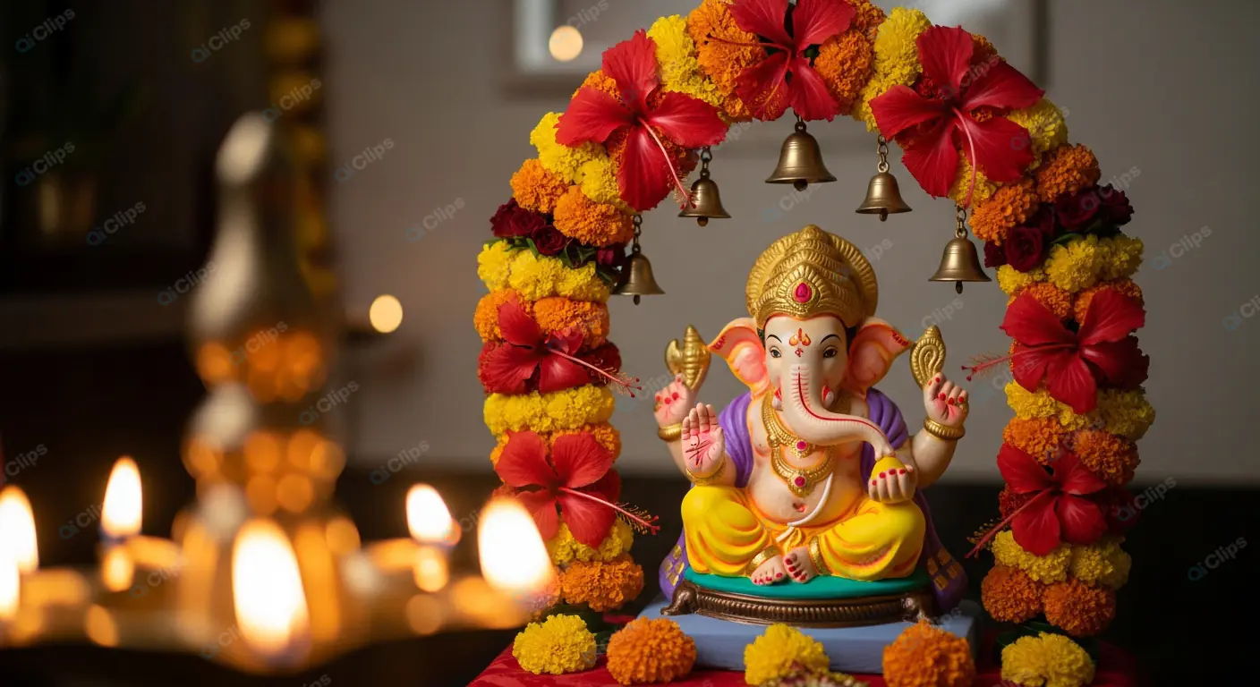 Ganesha Idol Under Floral Arch