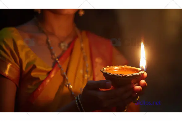 Indian Woman Holding Traditional Diya Lamp