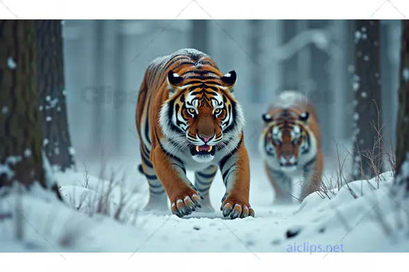 Majestic Tigers Walking Through a Snowy Forest