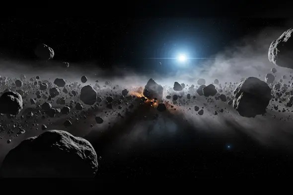 Asteroid Field with Glowing Nebula and Starburst – Outer Space Sci-Fi Scene