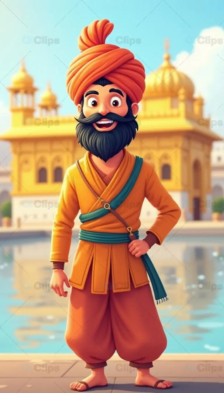 Cartoon Sikh Man in Traditional Attire at Golden Temple