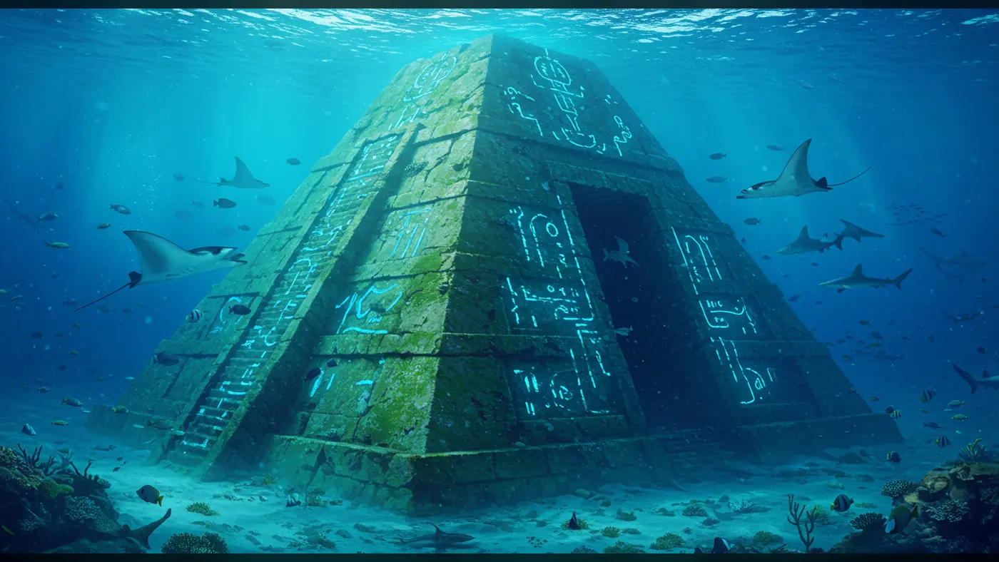 Ancient Underwater Pyramid with Glowing Hieroglyphs