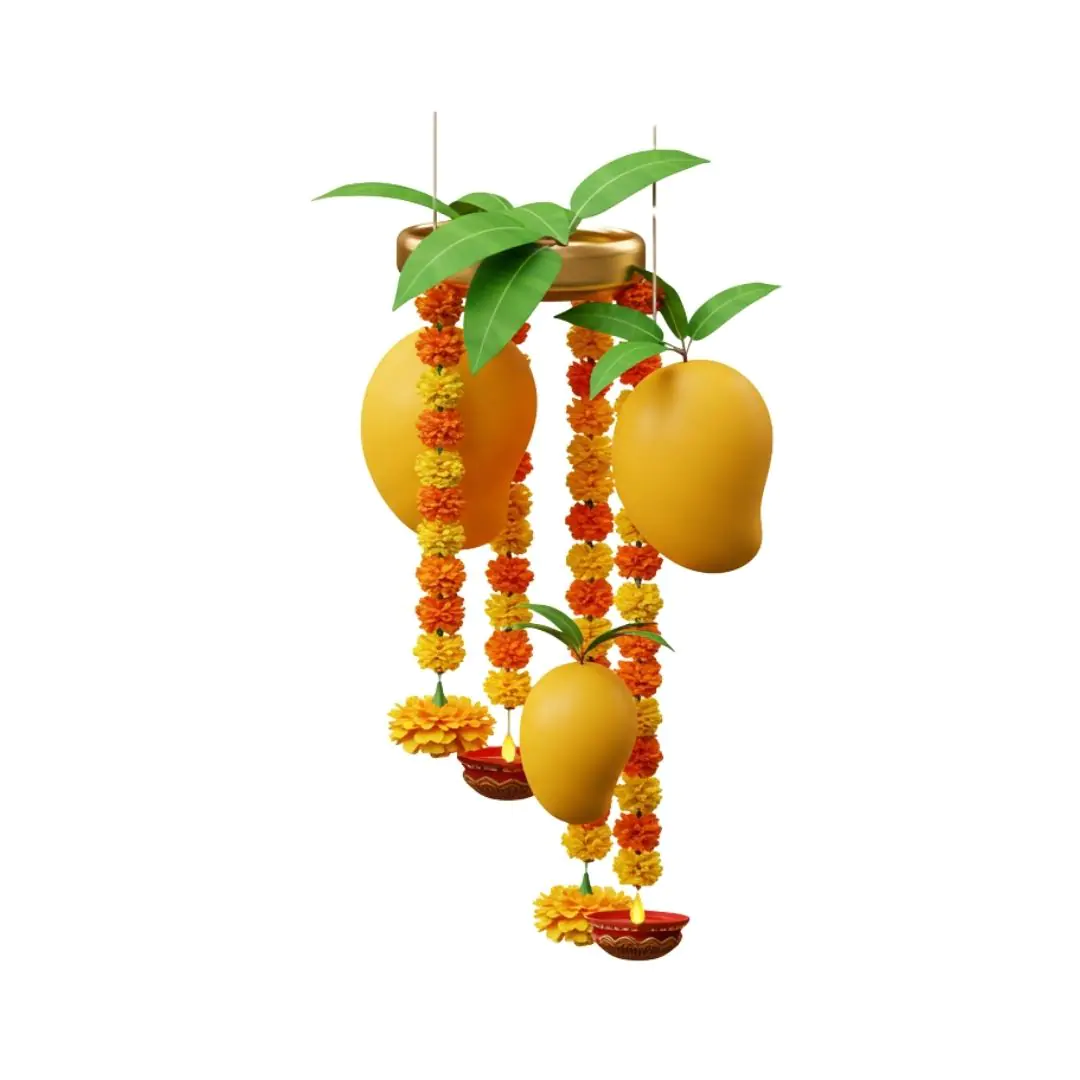 Hanging mango fruits with marigold garlands decoration