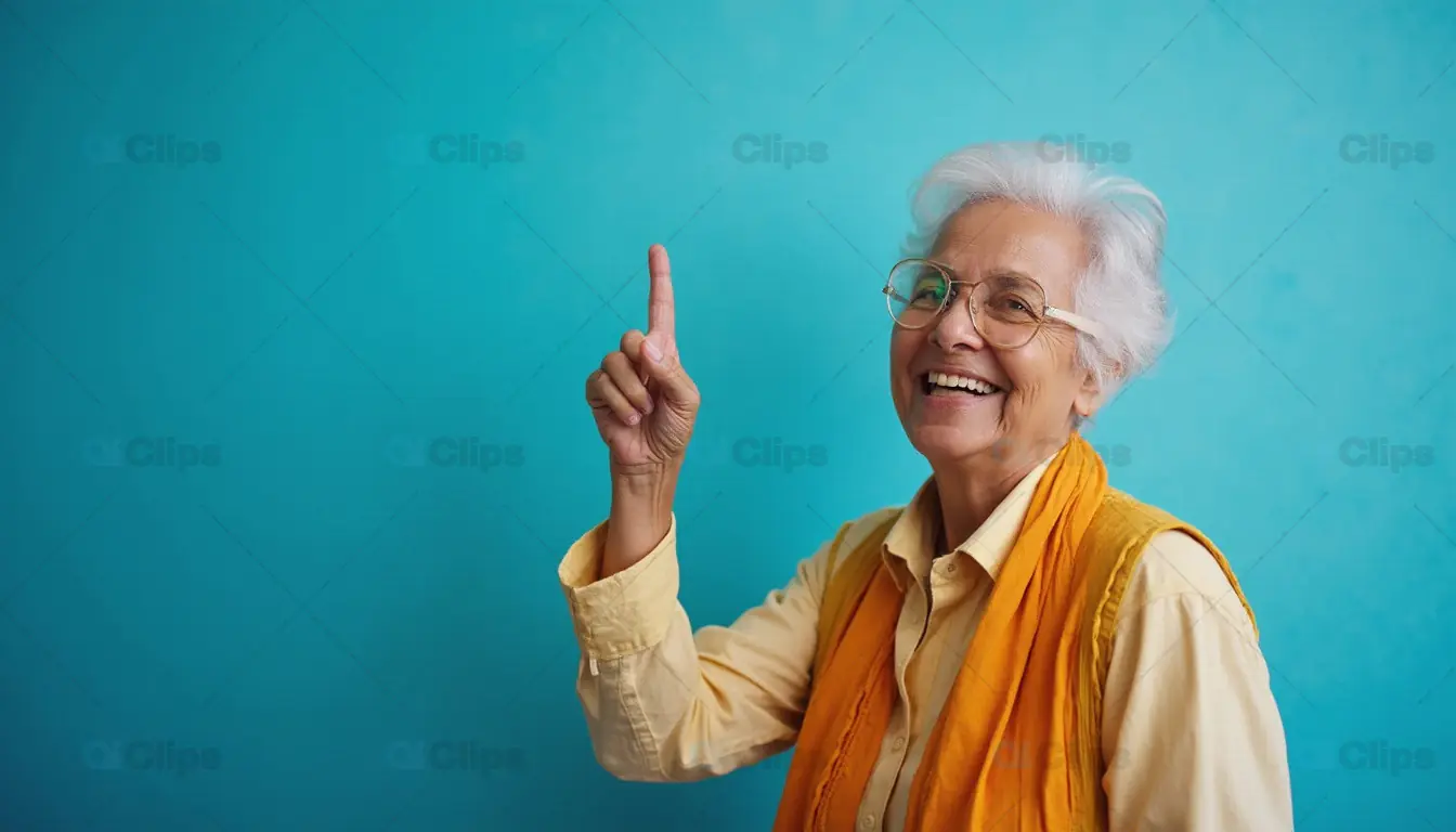 Smiling Elderly Woman Pointing Upwards on Blue Background