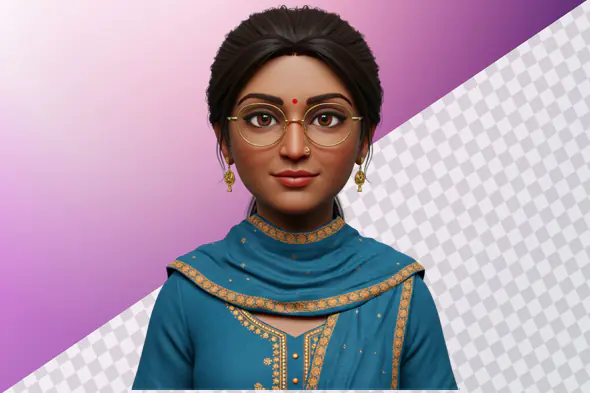 3D avatar Indian woman traditional teal outfit glasses