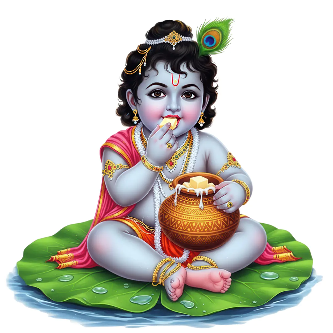 Playful Baby Krishna on Lotus Leaf PNG