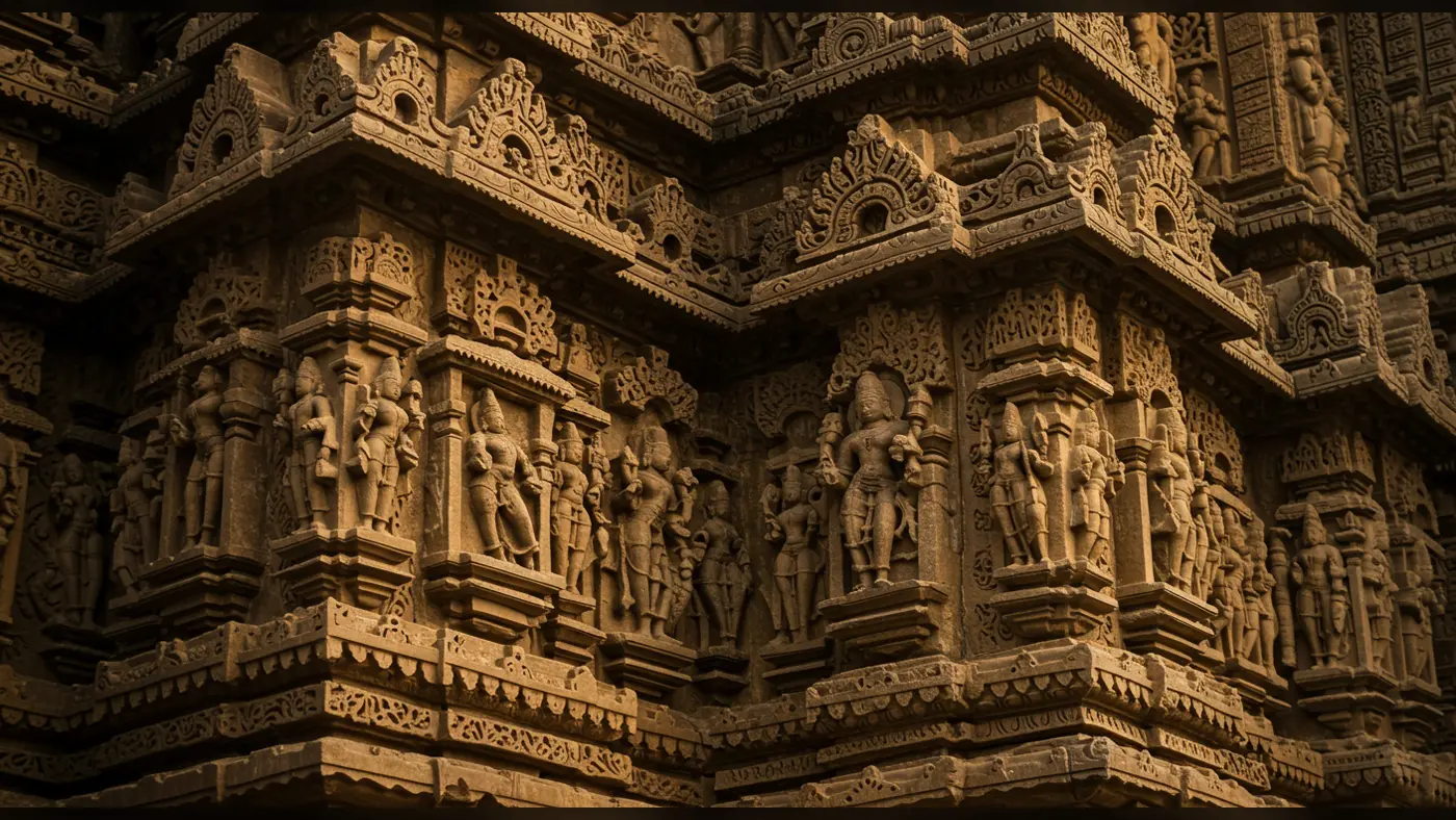 Indian Temple Wall Carvings in Golden Light | Heritage Texture by AIClips