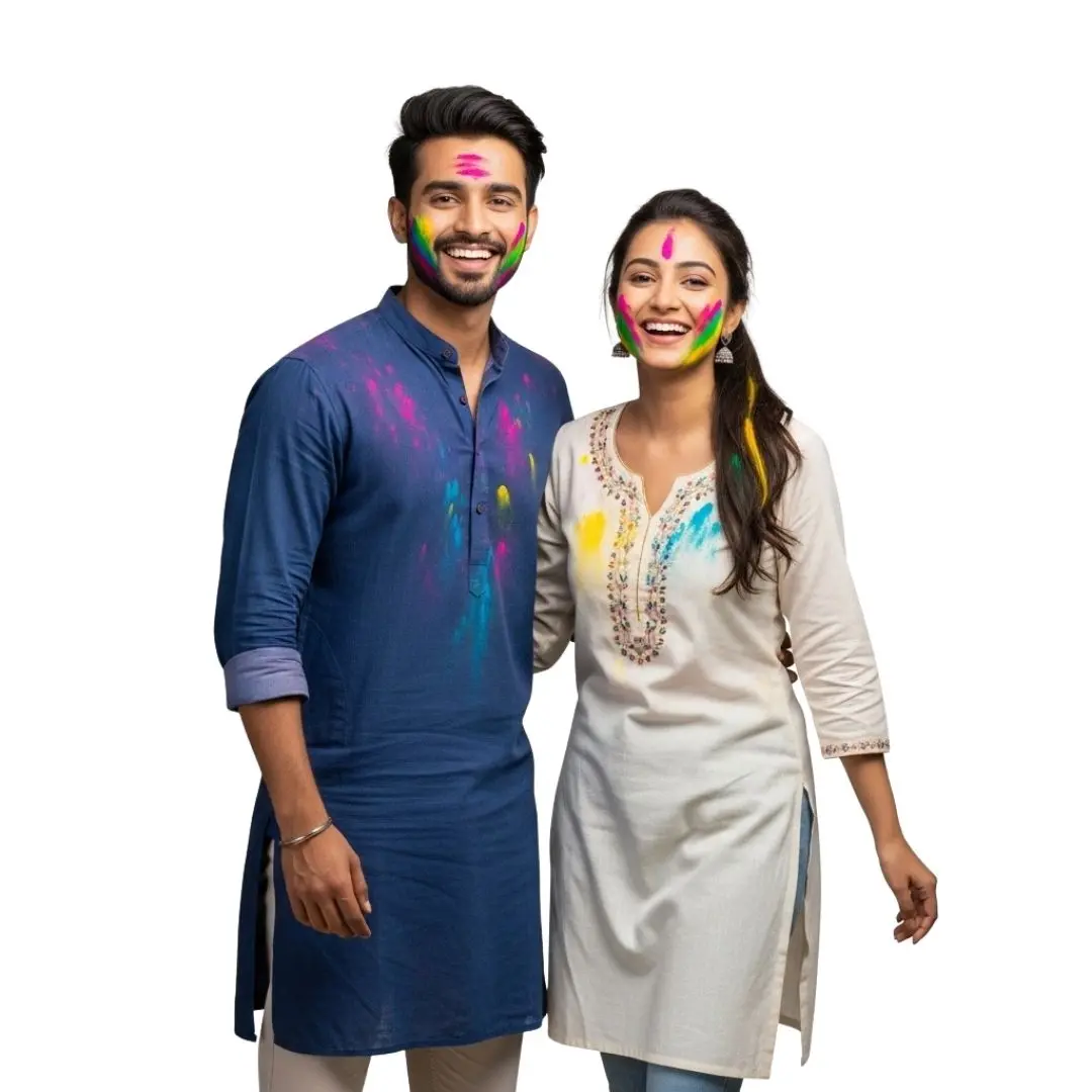 Joyful Young Indian Couple with Holi Colors PNG