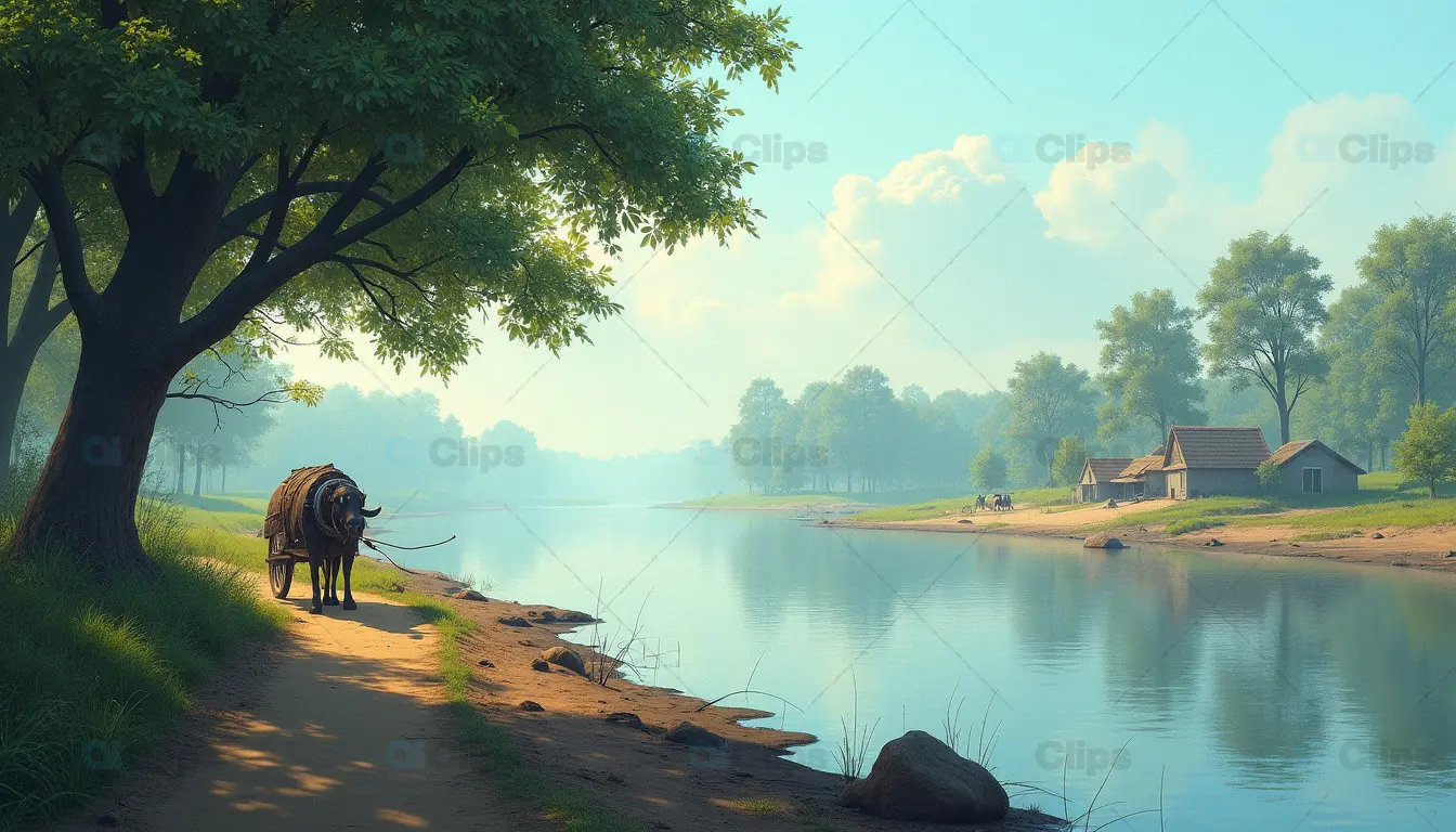 Tranquil Riverbank Scene with Ox Cart in Rural Countryside