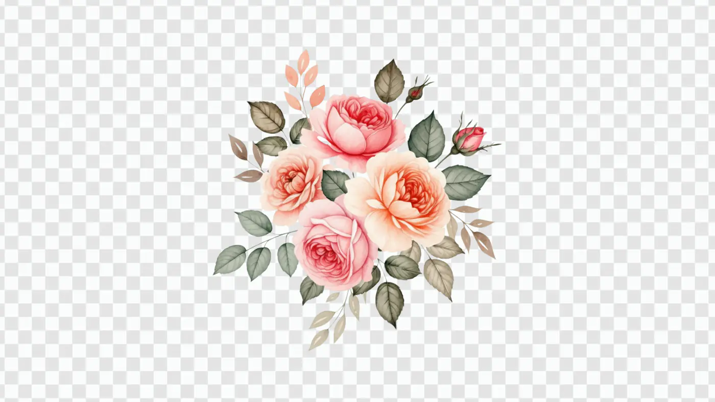 Delicate Coral Rose Watercolor Floral Composition PNG
