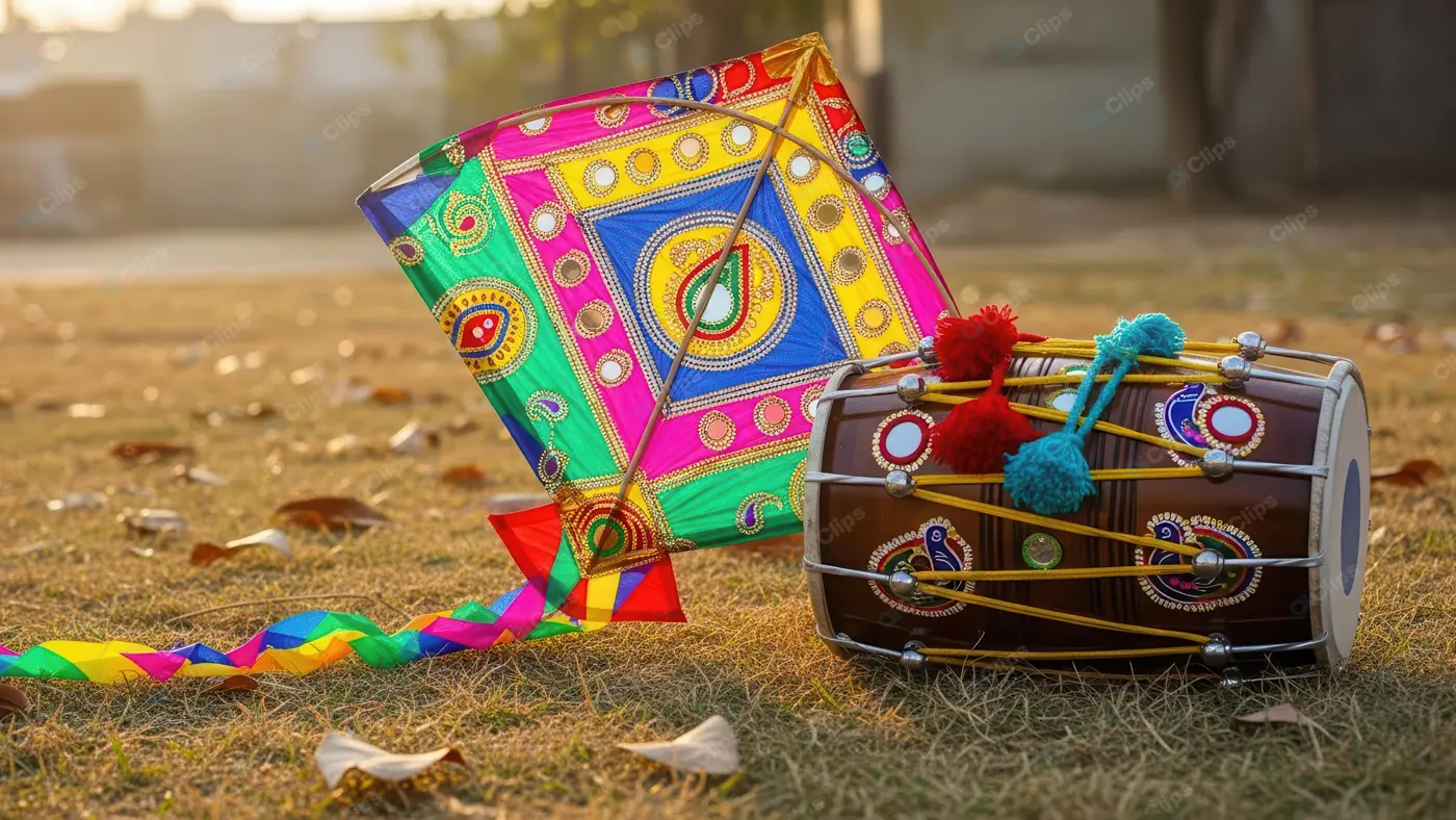 Vibrant Makar Sankranti Symbols at Golden Hour