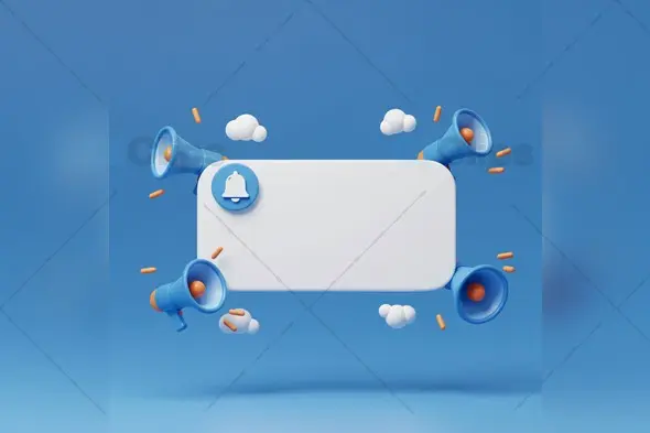 3D Notification Banner with Megaphones and Cloud Icons