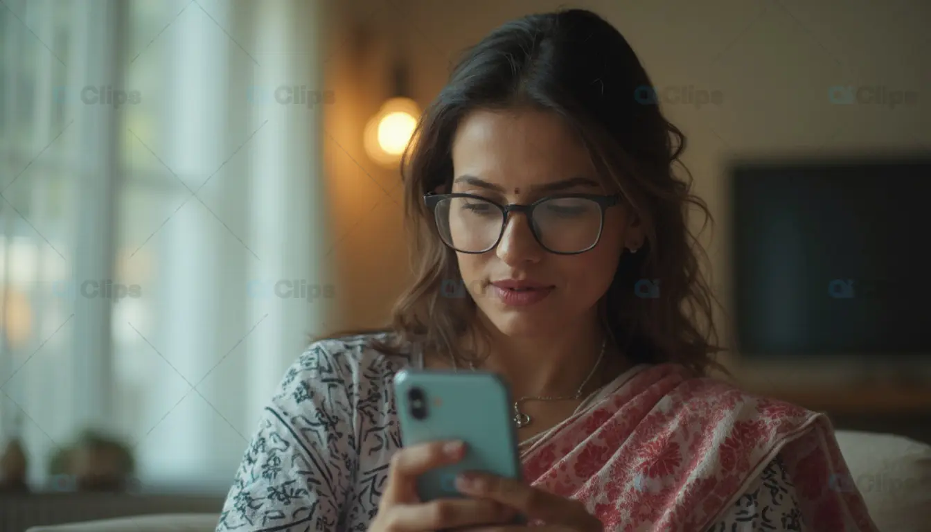Woman in Saree Using Smartphone Indoors