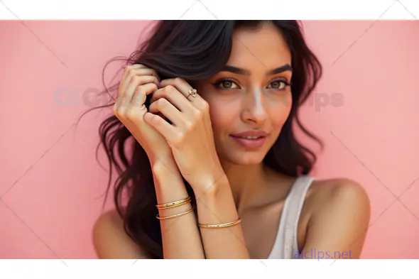 Portrait of a Graceful Woman Wearing Gold Jewelry on a Pink Background