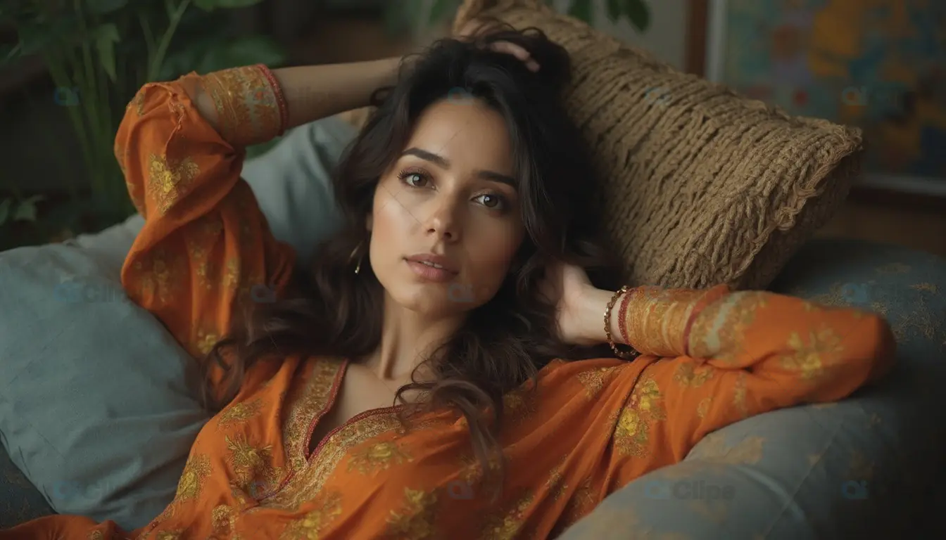 Woman Relaxing on Sofa in Traditional Orange Dress