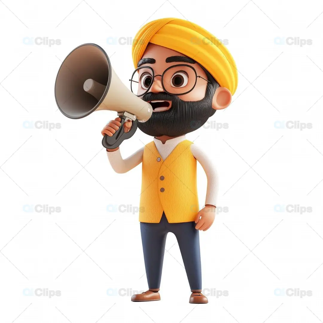 3D Indian Sikh Man Announcing with a Megaphone in Yellow Turban