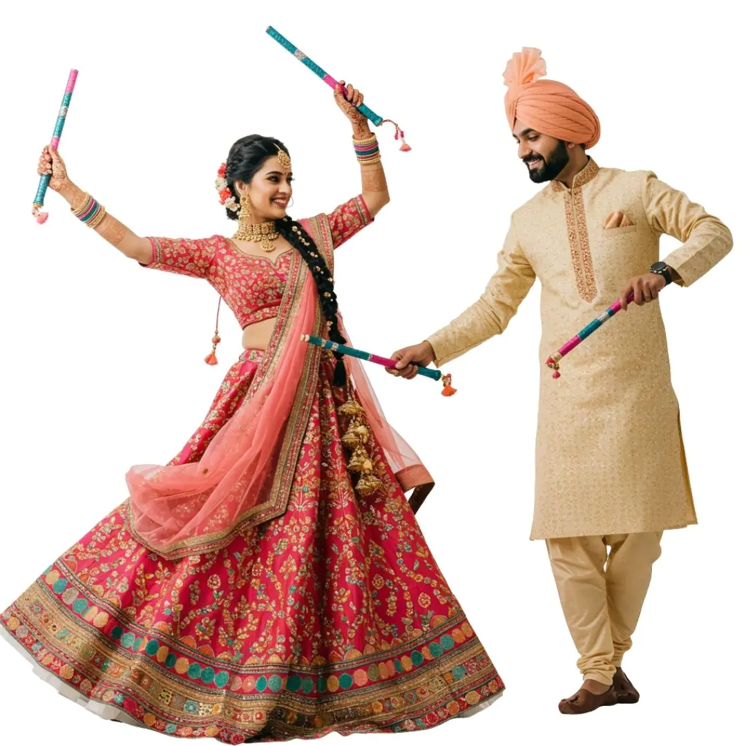 Indian Wedding Couple Dancing with Dandiya Sticks PNG
