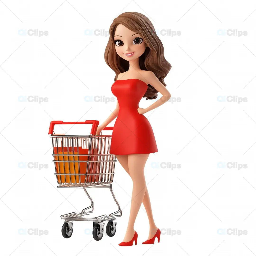 3D Woman Avatar in Red Dress with Shopping Cart