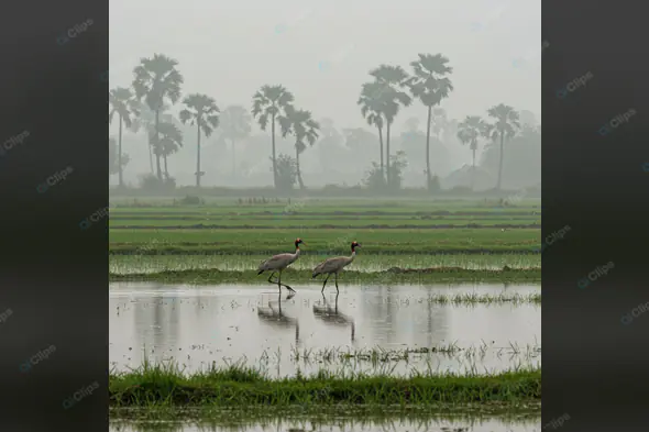Cranes in Misty Palm Landscape