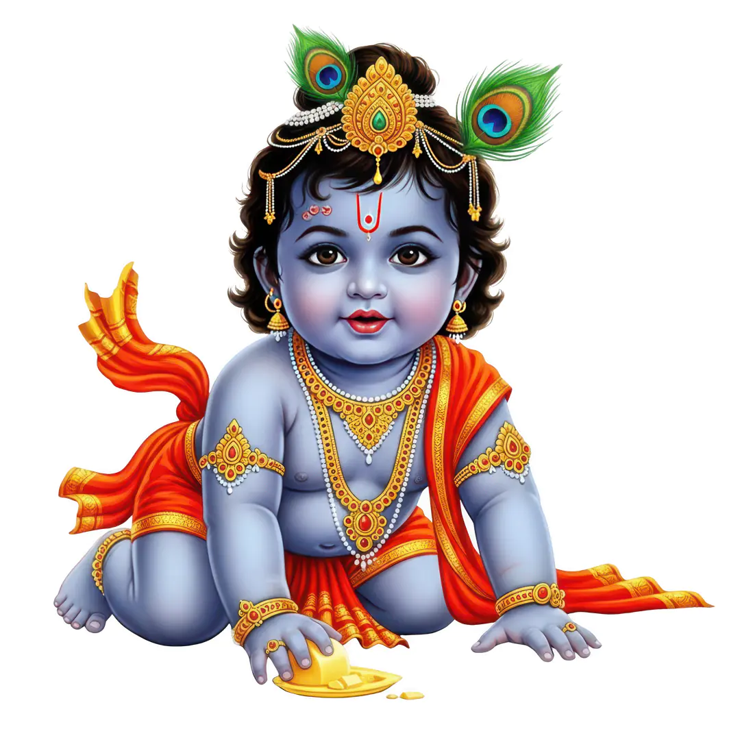 Playful Baby Krishna with Ornate Headdress PNG