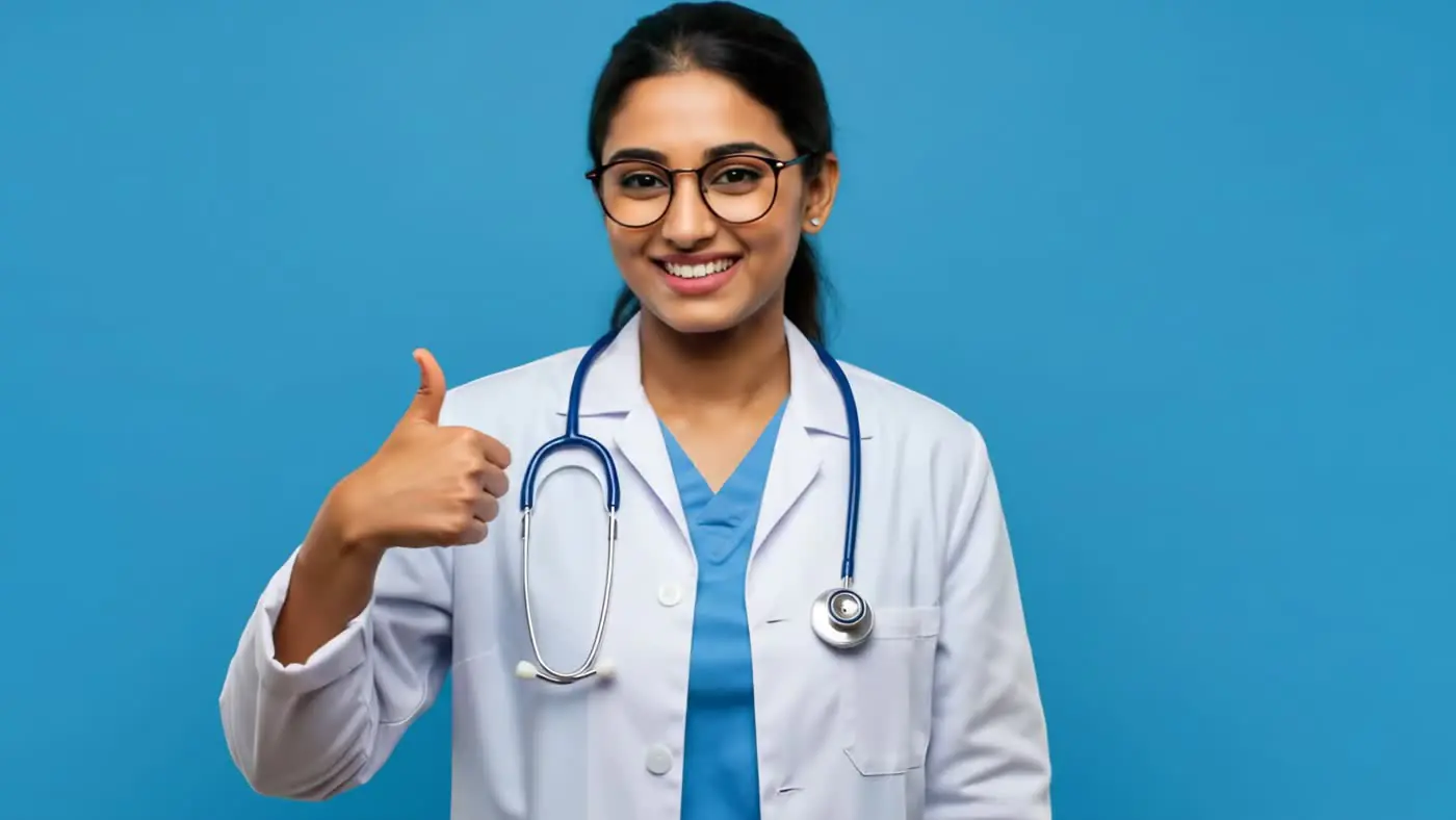 Smiling Indian Woman Doctor Giving Thumbs Up on Blue Background | AIClips