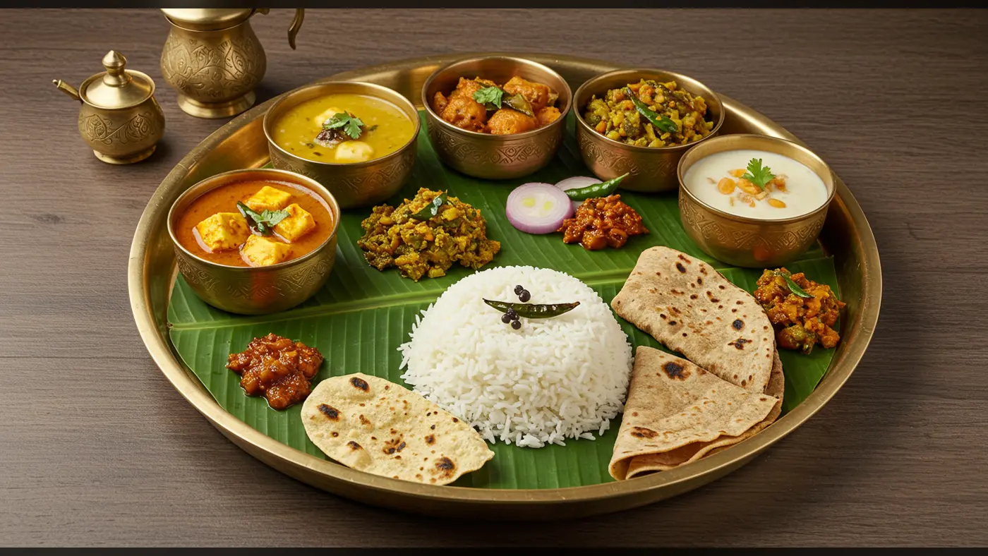 Traditional South Indian Vegetarian Thali with Paneer & Curd in Brass Utensils | AIClips