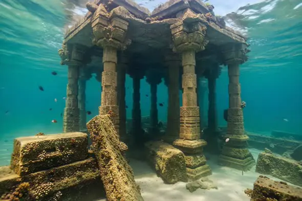 Ancient Underwater Temple Ruins in Ocean Depths