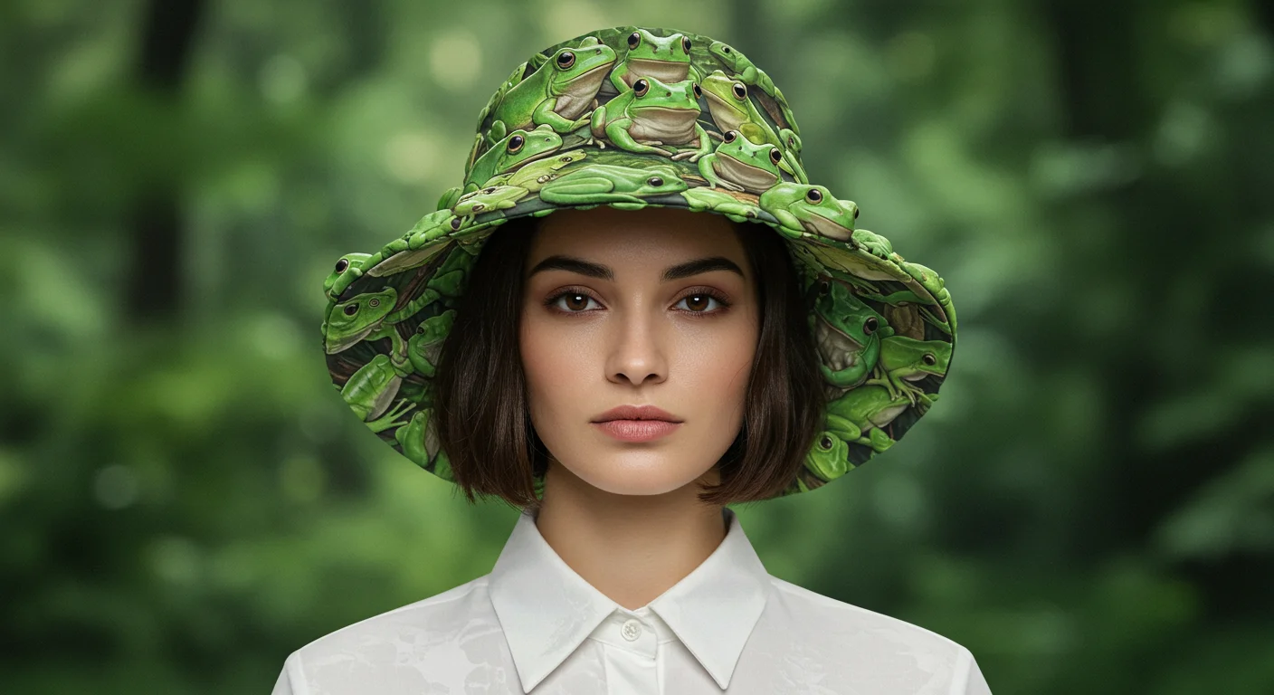 Stylish Woman Wearing Frog-Patterned Bucket Hat in Forest Setting