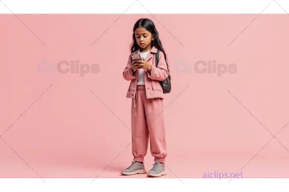 Young Girl Using Smartphone in Pink Tracksuit