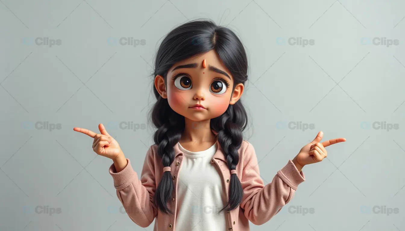 Animated Indian Girl with Pigtails and Confused Expression