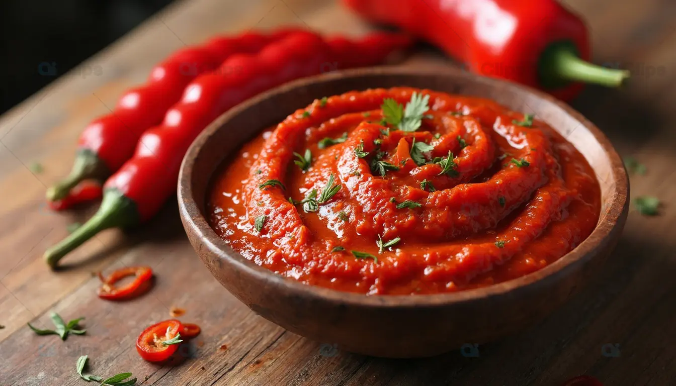 Spicy Red Chili Sauce in Wooden Bowl