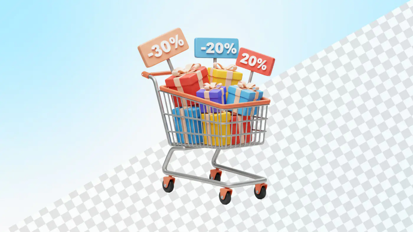 Shopping cart with colorful gifts and discount tags